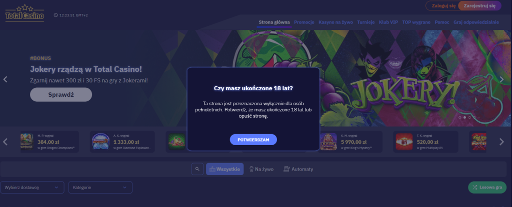 screenshot ze strony Total Casino informujący o tym, że to kasyno oniline jest dostępne dla osób powyżej 18 lat