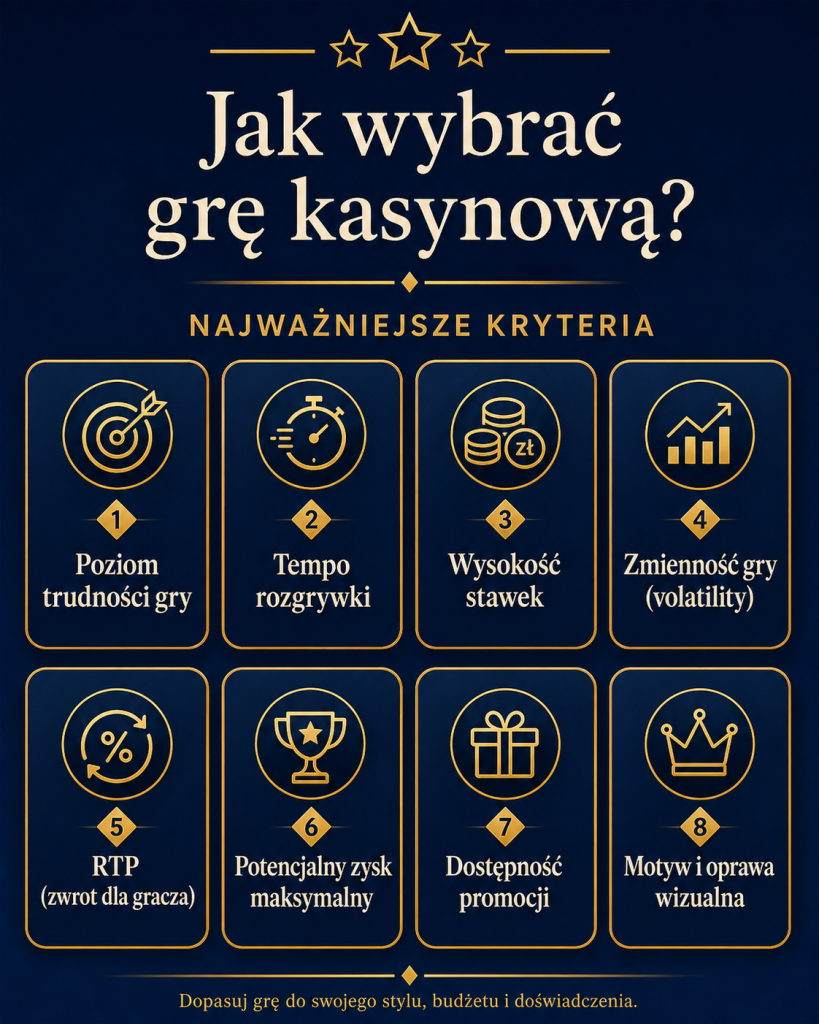infografika przedstawiająca kryteria pomocne w wyborze gry kasynowej